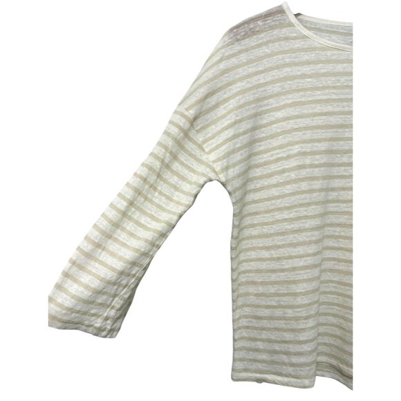 J.Crew 100% Linen Tee Top Tan White Striped Boxy Relaxed 3/4 Sleeve Slub Size M - Picture 3 of 8